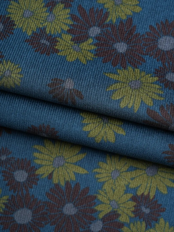 Pure Organic Cotton Mid-Weight Corduroy Fabric ( OG4361 Print )  Woven Organic Cotton  Bastine  Blue Flowers / Yard